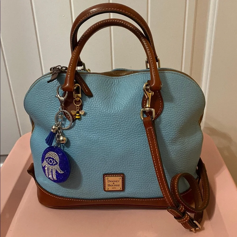 Dooney & Bourke Light Blue Leather Satchel with Brown Trim